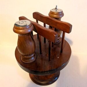 Vintage Wood Napkin Holder with Salt Pepper Shakers MCM Mid Century
